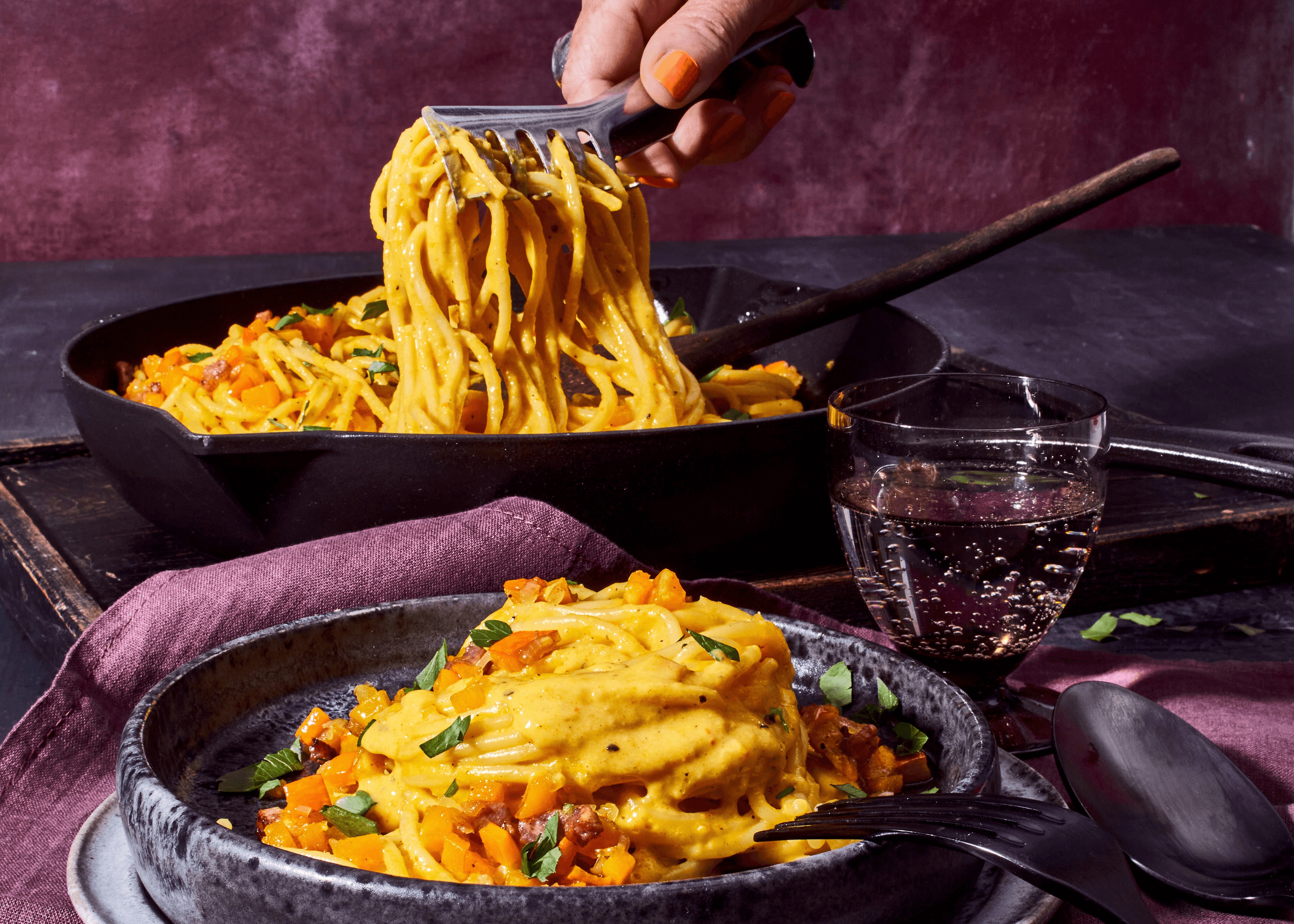 Spaghetti mit Kürbis-Carbonara 